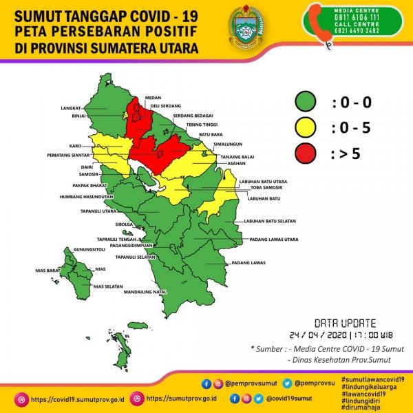 Peta Persebaran Positif di Provinsi Sumatera utara 24 April 2020